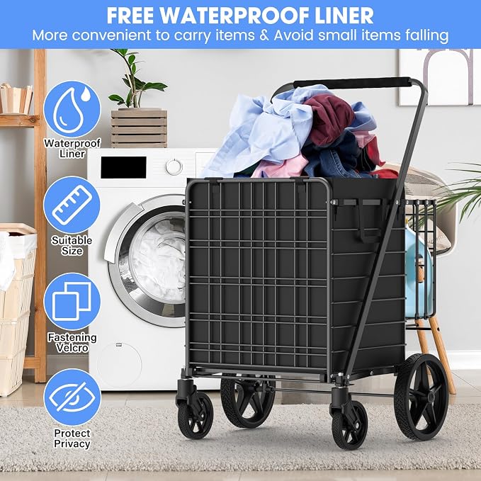 450lbs Capacity Shopping Cart,Upgrade Huge Grocery Cart on Wheels | Heavy Duty Foldable Utility Shopping Carts with Double Basket and 360° Rolling Swivel Wheels for Groceries Laundry Transport