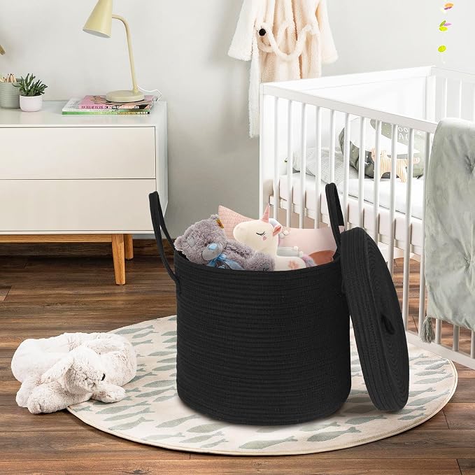 15" X 13" Large Black Basket with Lid, Cotton Rope Storage Basket for Blanket, Toy, Pillow, Towel, Laundry, Wicker Living Room Bedroom Storage Bin, Black Woven Organizing Basket with Cover