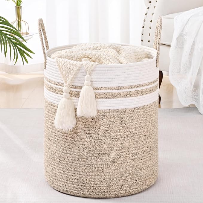 Laundry Hamper for Organizing, 52L Large Laundry Baskets, Cotton Rope Woven Blanket Basket, Collapsible Laundry Hamper for Living Room, Nursery, 15"×18", Jute