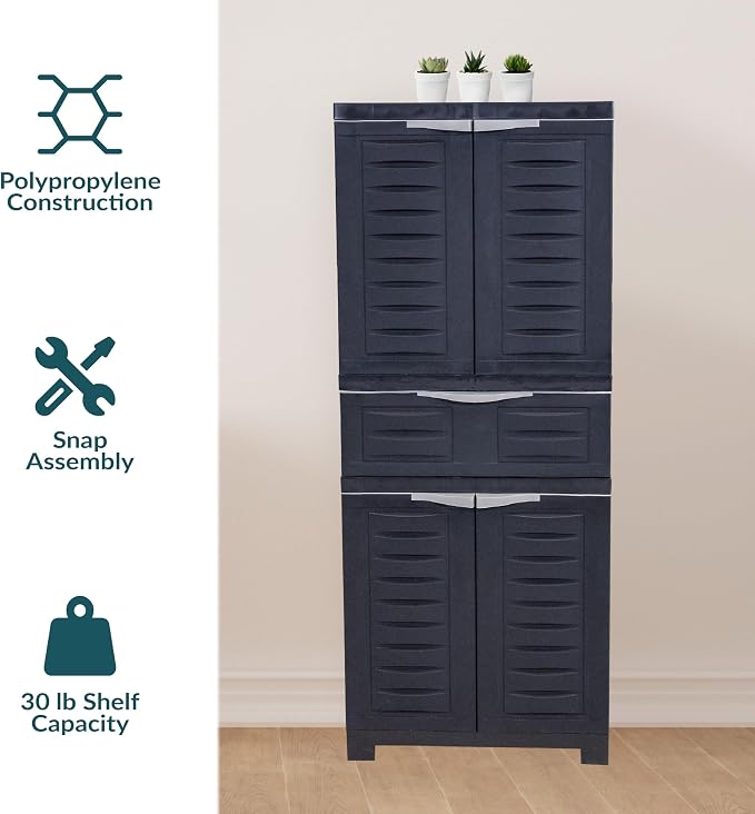 Sunnydaze 57" Garage Storage Cabinet with Doors & Shelves, Charcoal | Heavy Duty Resin Storage Cabinet Resists Rust & Peeling, Utility Cabinet with Drawer & Anti-Tip Kit for Laundry, Office