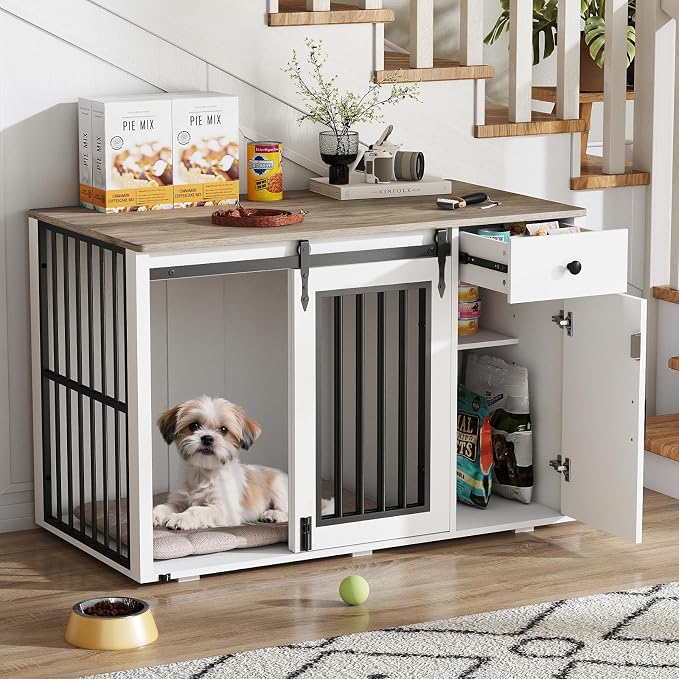 Verano Garden 44" Dog Crate Furniture, Dog Kennel (44" Right Facing Door) | 2-in-1, Lockable, Sliding Door, Removable Divider, Adjustable Shelf, Farmhouse, Heavy Duty, Small Medium Dogs, White