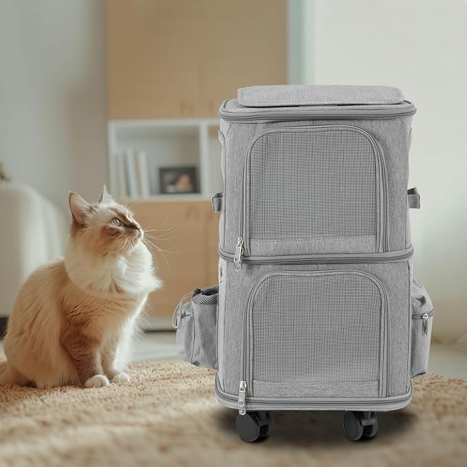 2-Tier Rolling Pet Carrier for Cats & Dogs, Removable Divider, Telescopic Handle, 4 Wheels, Breathable Mesh, Foldable, Large Portable Travel Crate with Side Pockets, 22lbs Capacity