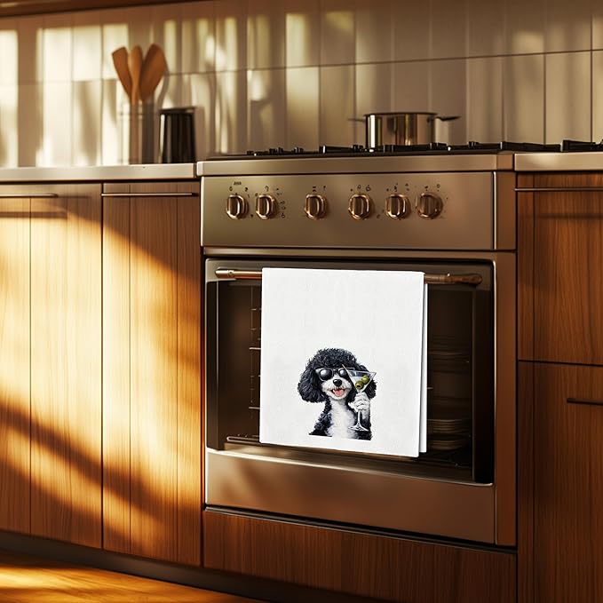 Funny Poodle Kitchen Towels - Funny Martini Lovers Gifts, Home Bar Decor, Black Poodle Dog Cocktail Hand Towels Dish Towels for Kitchen Home Bar, 16x24 Inch