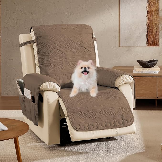 Toffee Quilted Recliner Covers, Waterproof Recliner Chair Covers, Lazy Boy Chair Covers, Pet Friendly Recliner Slipcover for Dogs Cats, Washable Furniture Protector (Recliner 22", Raw Umber)