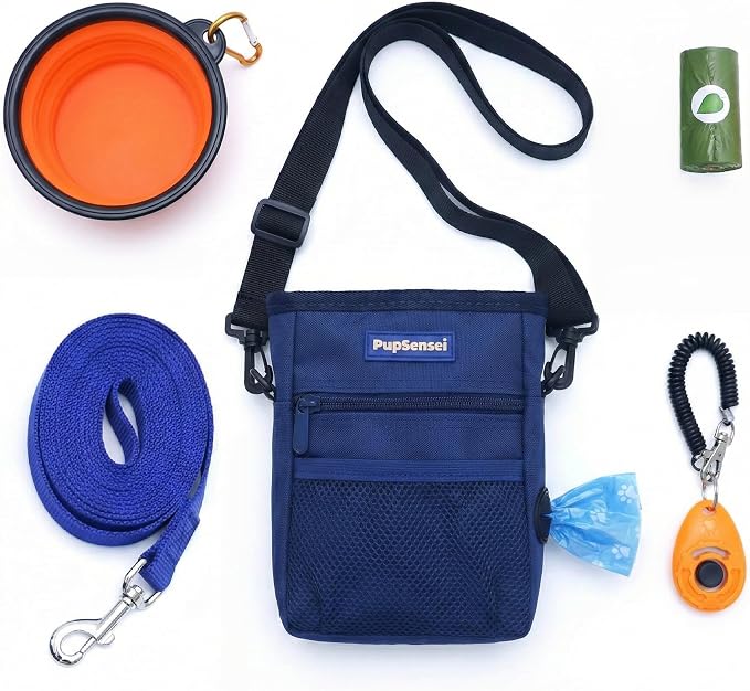 Dog Training Kit & Puppy Starter Set with 30ft Long Leash – Complete Recall System w/Magnetic Treat Pouch, Clicker, Collapsible Bowl & Waste Bags – Professional Tools (Navy Blue)