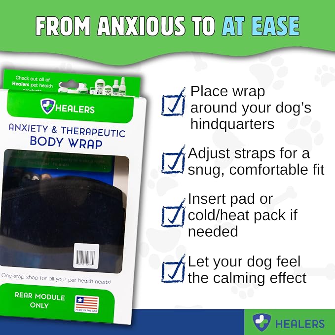 Healers PetCare Rear Wrap for Dogs, Calming Support, Small | Calming compression wrap, incontinence and recovery support, hot/cold pockets, adjustable, breathable, washable