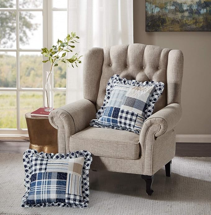Brilliant Sunshine Multi Blue Plaids & Stripes Ruffle Shams Set, 18"x18" | Patchwork Design with Ruffles, Quilted Pillow Covers, Washable Throw Cushion Cases for Couchs and Beds, Pack of 2