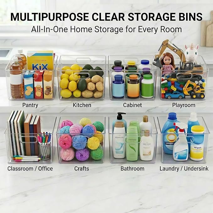 MOONEDGE 6-Pack 12x12x7 Extra Large Clear Plastic Storage Bins with Handles