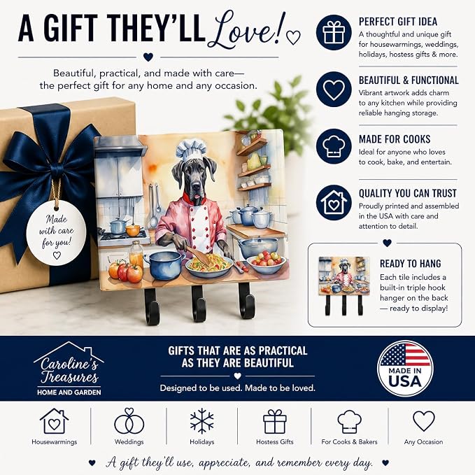 Caroline's Treasures Great Dane The Chef Leash or Key Holder Wall Hooks, Key Hooks Holder, Coat Rack Wall Mount, Coat Hooks, Hooks for Hanging Keys, Towels, Aprons, Leashes | Great Dane The Chef artwork on ceramic tile with three steel hooks for keys, ...