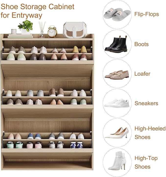 GarveeHome Shoe Cabinet with 3 Flip Drawers, Wooden Shoe Organizer Cabinet with Adjustable Shelf, Shoe Storage for Entryway, Hidden Shoe Cabinet for Hallway, Living Room, Natural Oak