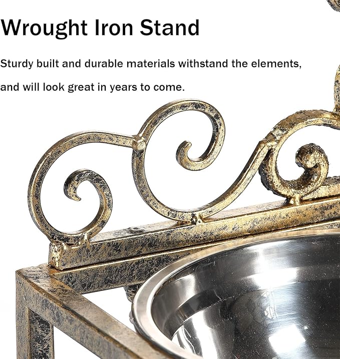 8.78" Height Elevated Dog Bowls for Large Dogs, Metal Raised Dog Feeder | Lifted Dogs Dish Stand with Double Stainless Steel Bowls for Food and Water, Antique Gold Finish Tall Dog Bowl Stand