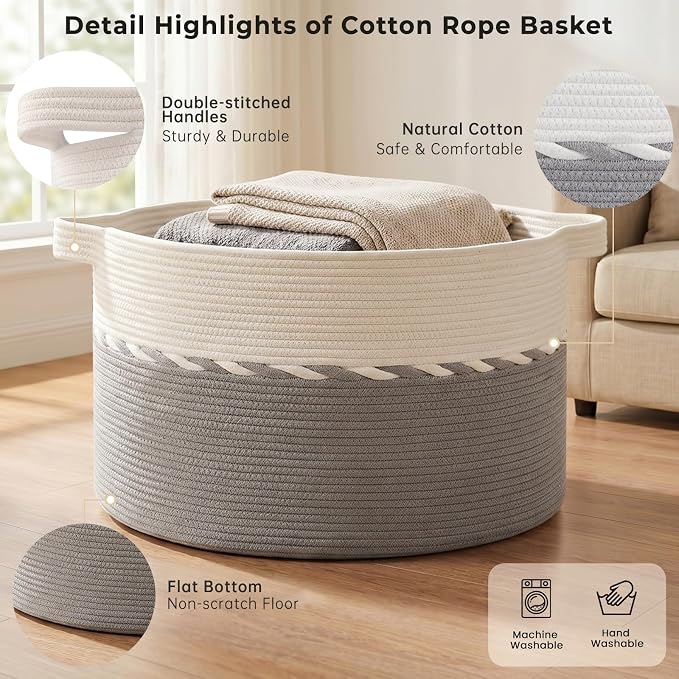 OIAHOMY 90L Extra Large Blanket Basket - Decorative Cotton Rope Storage Basket for Bedroom, Living Room & Nursery - Woven Laundry Hamper for Organizing Blankets, Clothes & Toys - Grey & White
