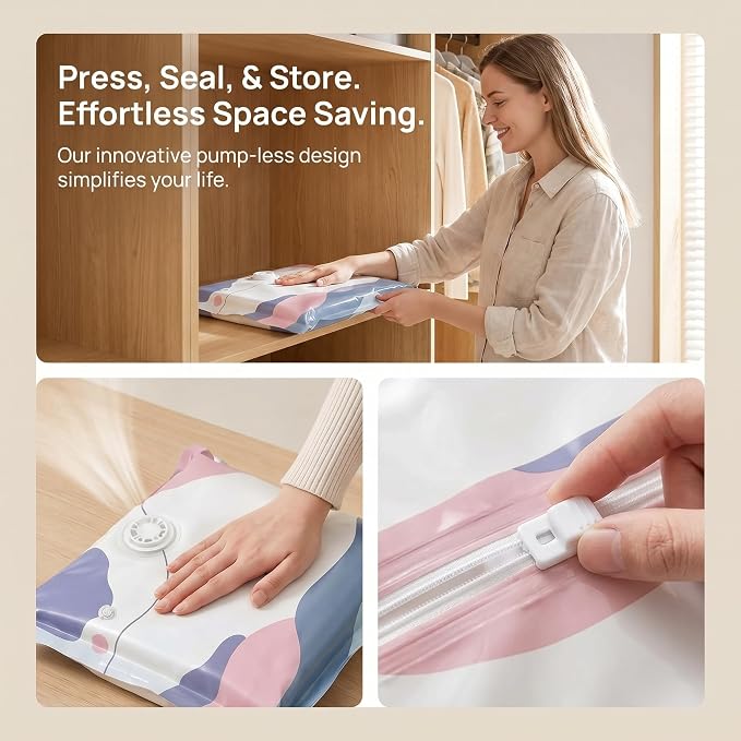 No‑pump Vacuum Storage Bags - 3-Sec Fast Compression, Heavy-Duty Travel Vacuum Bags Without Pump, Reusable Large Cube Vacuum Seal Bags, Press & Seal, Keeps Clothes Dry & Dust‑Free (M,3PCS)