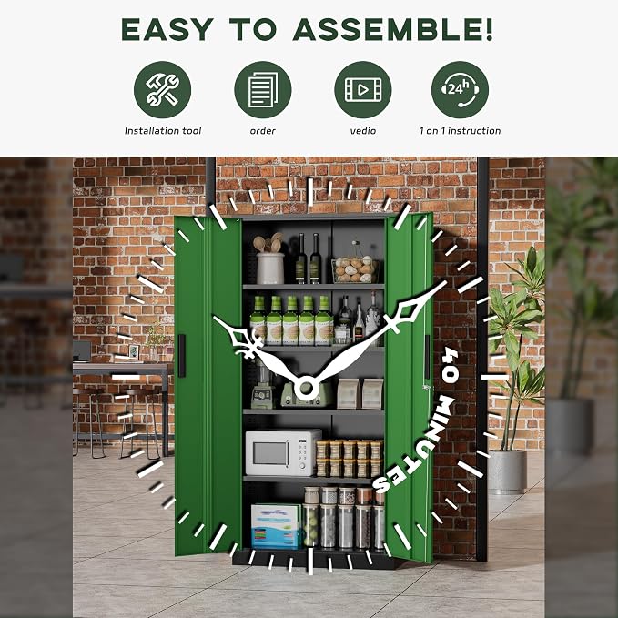Greenvelly Metal Garage Storage Cabinet, 72" Black Green Tool Steel Locking Cabinet with Doors and 4 Shelves, Tall Cabinets for Garage Storage Systems Lockable File Cabinet for Home Office,Garage