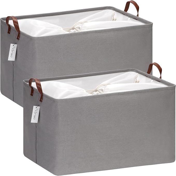 Hinwo 70L Extra Large Canvas Storage Bin with Lid and Handles, 2-Pack | Collapsible Fabric Baskets, Closet Shelf Organizers, Containers for Clothing, Blankets, Toys, Bedding (Gray)