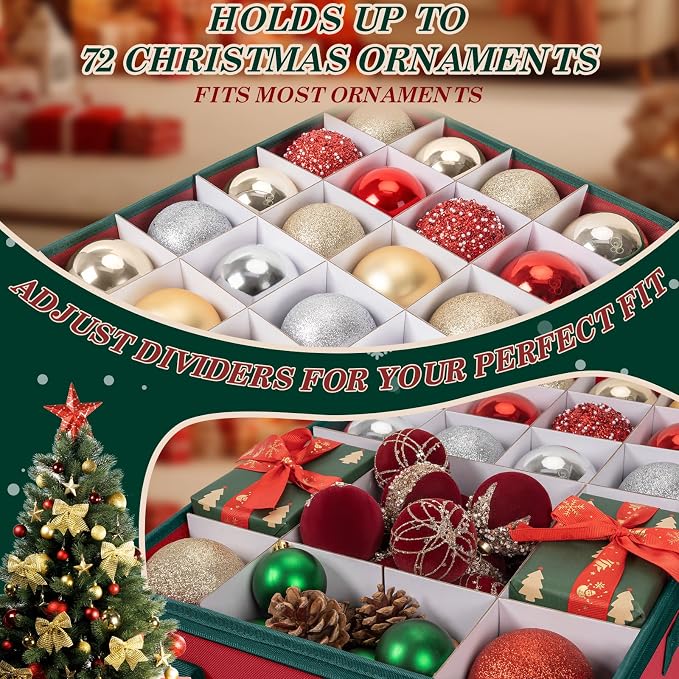 Christmas Ornament Storage Box with Adjustable Dividers Zippered Top Stores up to 72 Holiday Ornaments (3 Inch) Xmas Ball Decorations Organizer Storage Container Bin
