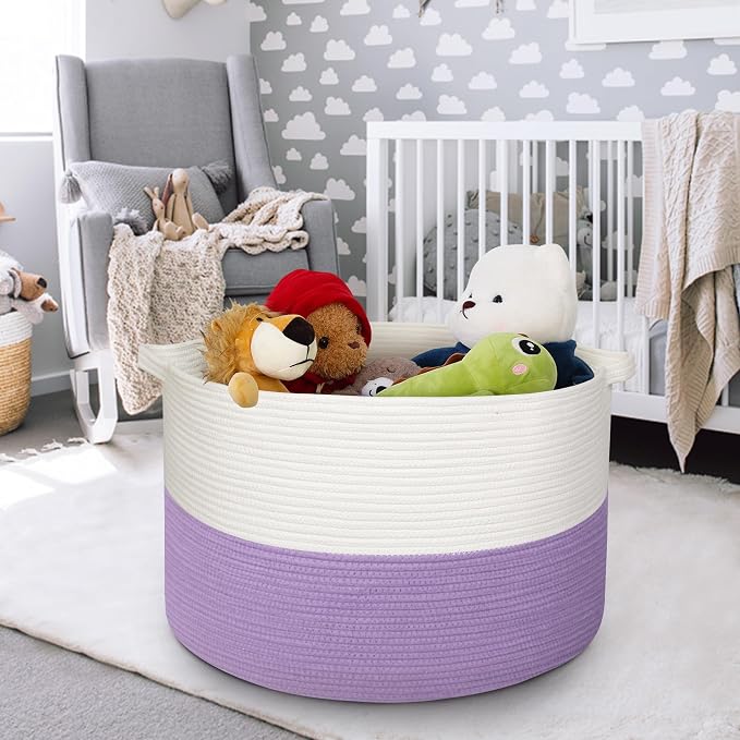 MEGASKET Large Purple Rope Storage Basket, 22x14 Inches Wicker Woven Baskets for Storage, Baby Laundry Hamper, Towel Blanket Toy Bin Organizer, Purple Living Room Decor, Big Basket for Gifts Empty