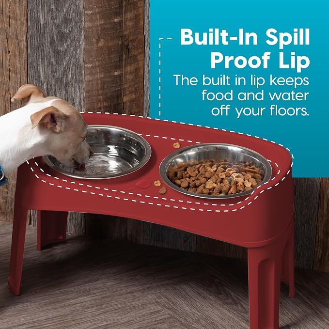 IRIS USA Elevated Dog Bowls, Dual Height 4.63" or 12.25" Made in USA, Black | Includes 2 Stainless Steel Bowls (64oz), Spill Guard, Height Adjustable, Non-Slip Feeder, Helps Reduce Neck Strain