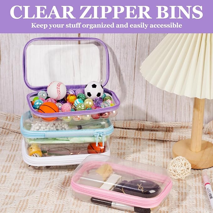 4 Pcs Clear Hard Shell Zipper Case, Hard Sided Pencil Case Clear Zipper Toys Puzzles Organizer, Travel Plastic Pouch for Makeup Storage Box, Building Blocks Bins