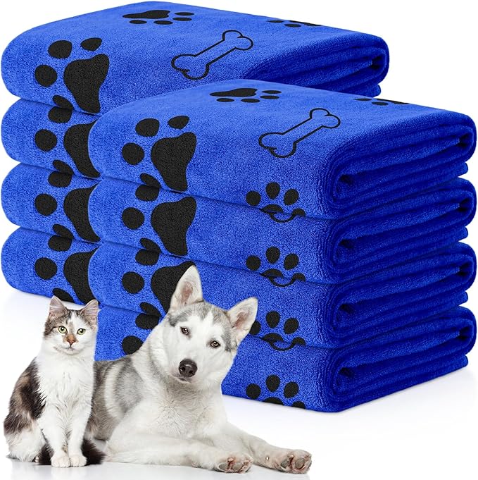 Chumia 8 Pcs Dog Towels for Drying Dogs Cats Pet Towels Bulk Puppy Microfiber Fast Drying Paw Bath Bathing Supplies Absorbent for Medium Pets(40 x 24 Inch,Dog Paw and Bone,Dark Blue)