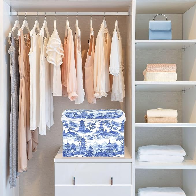 Blue Toile Fabric Storage Bins with Lid Foldable Storage Boxes 40L Baskets | Decorative Storage Boxes, Foldable & Stackable, Dust-Proof Flip Top, Reinforced Handles, For Home & Dorm, Clothes & Toy Box