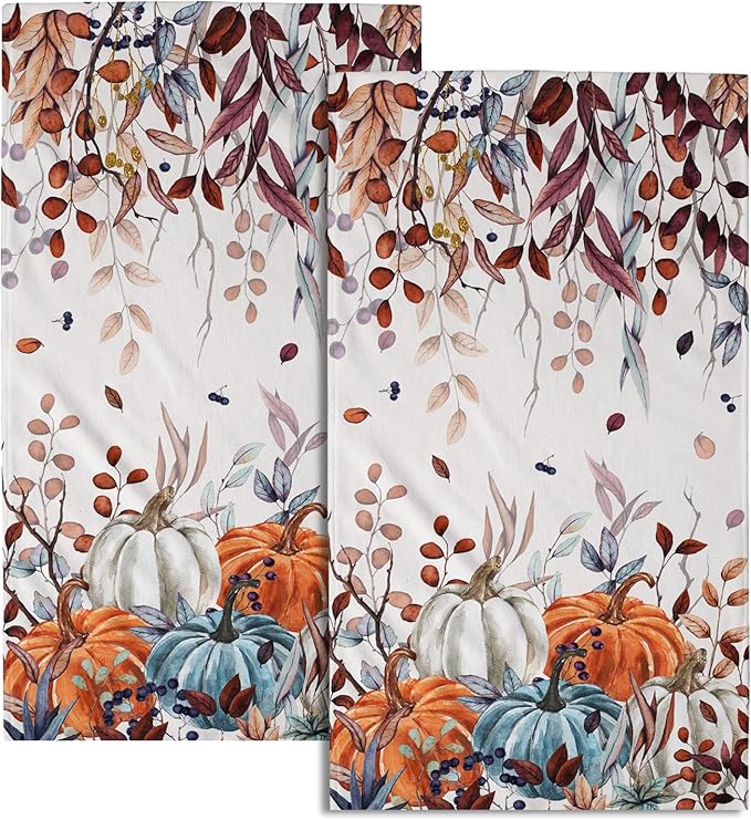 Giwawa Fall Hand Towel Set of 2, Autumn Leaf Orange Blue Pumpkins Decorative Towels, Colorful Harvest Thanksgiving Face Fingertip Towel Dish Wash Cloth for Bathroom Hotel Gym Home Spa