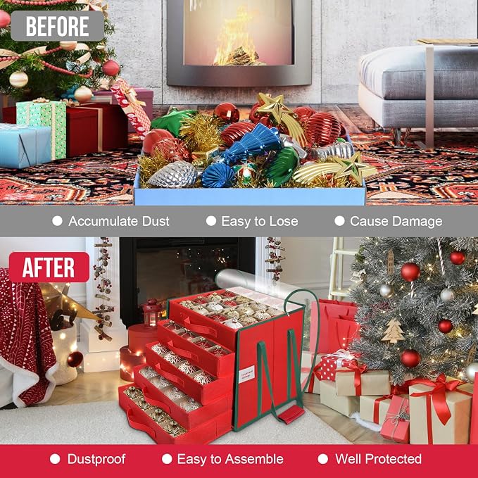 Christmas Ornament Storage Box,5 Tier Holds Up to 100-3” Holiday Décor | Xmas Ornament Organizer Container,Adjustable Dividers,Organizer Bin to Protect and Store Holiday Décor , 600D Oxford Fabric