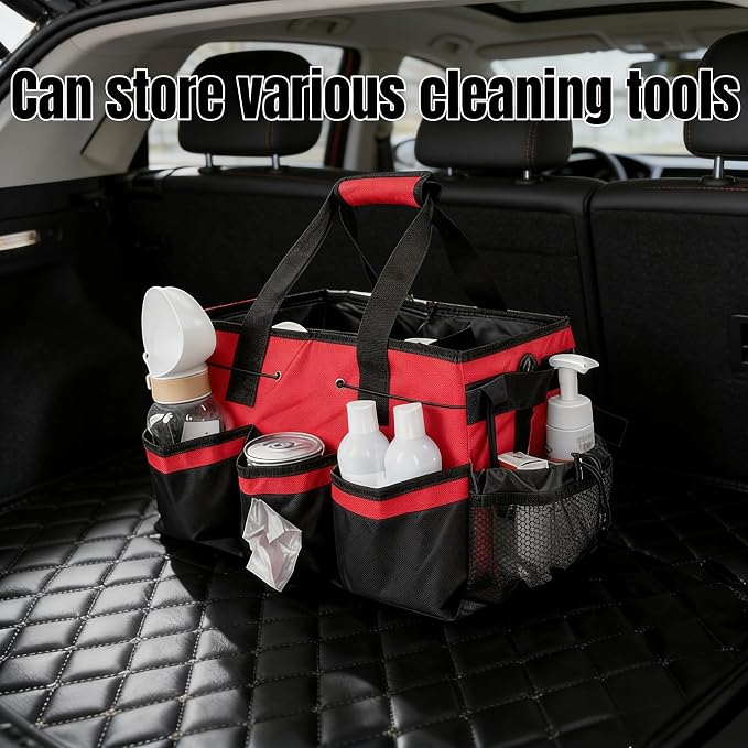 Tool Organizer Tote Bag, Pink and Black, Large Capacity with Adjustable Compartments, Portable Cleaning Storage Caddy, 14.96x10.63x9.06 Inches (Red)