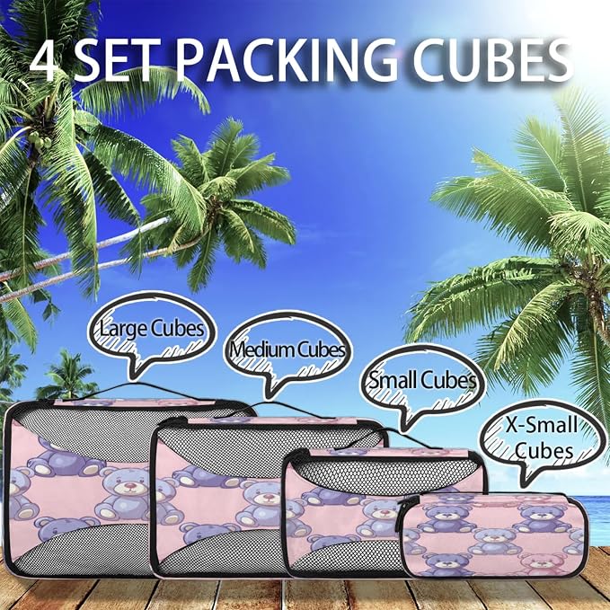 Packing Cubes for Travel, Teddy Bear Travel Luggage Packing Organizers for Women Men, Large Custom Toiletries Bag for Clothes Shoes, Cute Bear Dolls Print