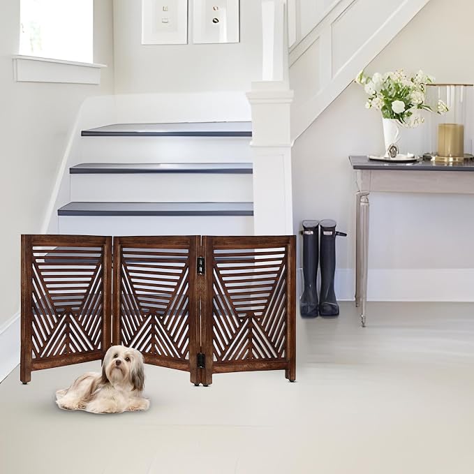 Lightnpro 3-Panel Wooden Dog Gate – Rustic Burnt Finish Foldable Freestanding Pet Barrier, Extra-Wide Indoor Safety Fence for Small Dogs & Puppies – 24x54 Inch