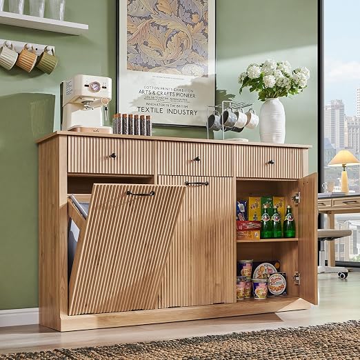 IFGET Triple Tilt Out Trash Can Cabinet, Modern Fluted Laundry Hamper Cabinet with 3 Drawers, 20 Gallon Hidden Wooden Garbage Can Cabinet w/Storage Basket & Adjustable Shelf, for Kitchen, Natural Oak
