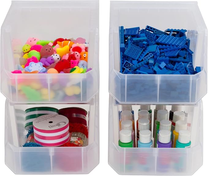 Medium-Tall Stackable Plastic Storage Bins, 4-Pack, Clear | Open-Front Stackable Bins For Garage, Pantry, Closet & Office, 7"L X 11"W X 8"H, Nests When Empty, Durable Plastic
