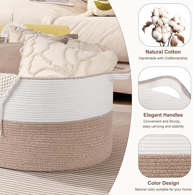 OIASKET XXL Large Blanket Basket with Handles, 105L Woven Storage Basket for Living Room, Cotton Rope Baby Toy Storage for Clothes, Pillows, Towels-Brown & White