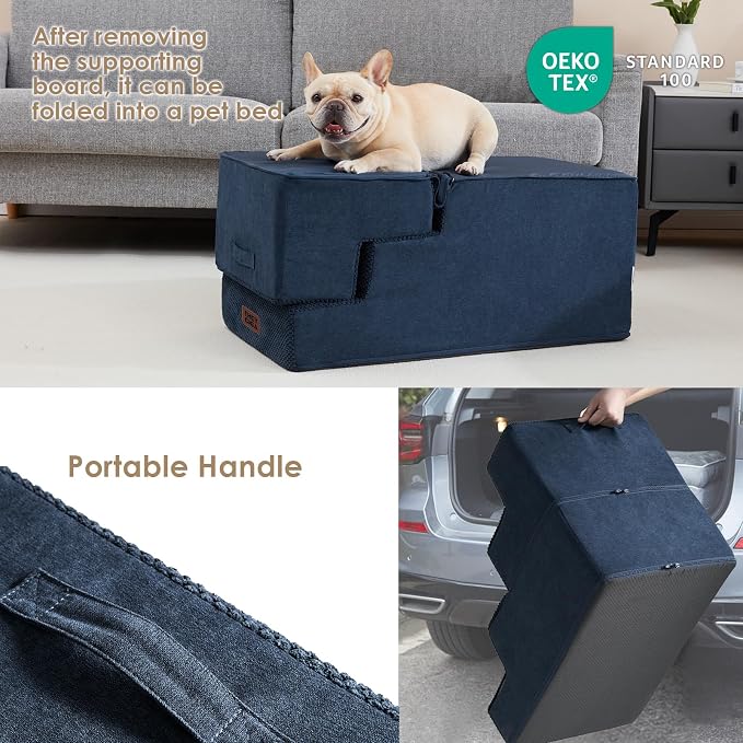 EHEYCIGA Dog Stairs for High Bed 22.5" H, 5-Step Dog Steps, Navy | Pet Steps for Small Dogs and Cats for Bed, Non-Slip Balanced Pet Ramp Indoor