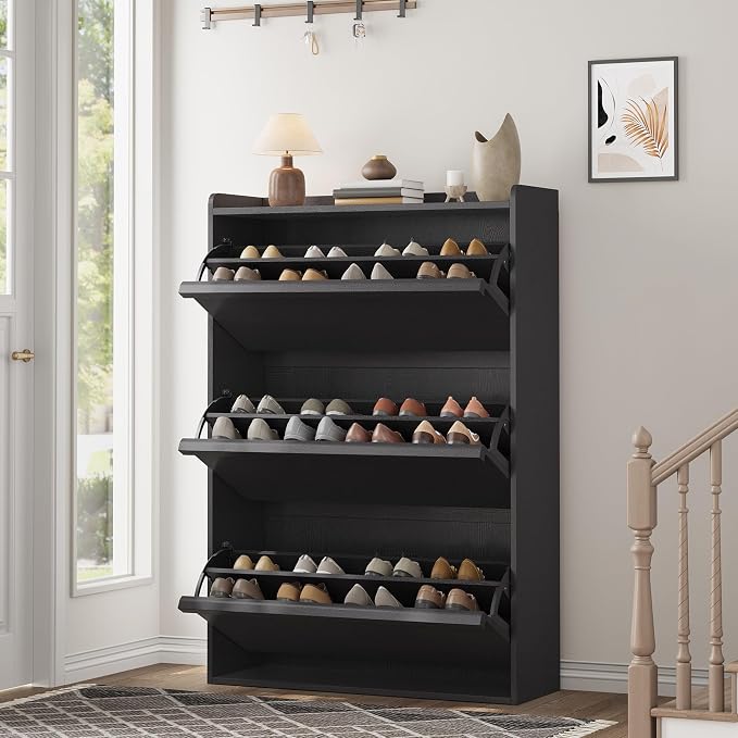 GarveeHome Shoe Cabinet with 3 Flip Drawers, Wooden Shoe Organizer Cabinet with Adjustable Shelf, Shoe Storage for Entryway, Hidden Shoe Cabinet for Hallway, Living Room, Black