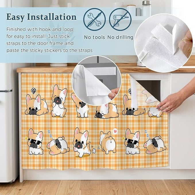 Cute Puppy Cabinet Dishwasher Hidden Curtains, Privacy Closet Door Curtain, Orange Beige Plaid Modern Funny Dogs Pet Adhesive Dust Proof Under Sink Skirt for Bathroom Kitchen 35"x35"
