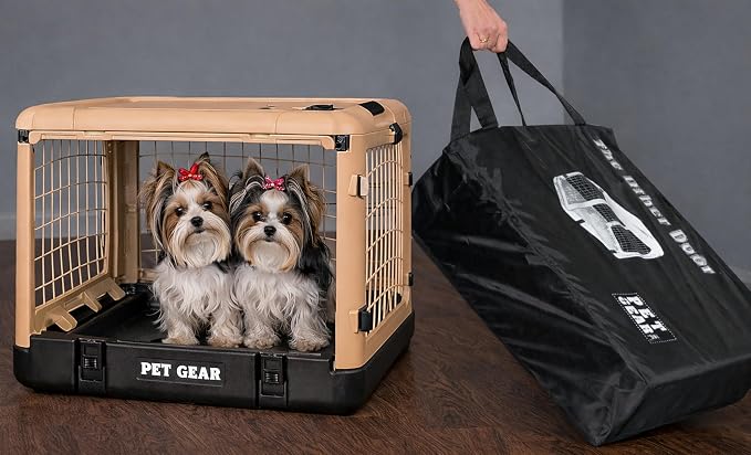 Pet Gear The Other Door 4 Door Steel Crate for Dogs/Cats, 27", Sand Dune | Garage-Style Door, Includes Plush Bed & Travel Bag, No Tools Required
