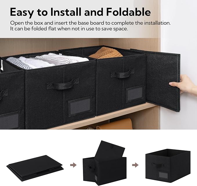 GRANNY SAYS Closet Storage Bins with Label, Black, Large, 3-Pack | Storage for Closet Shelves, Fabric Storage Bins for Clothes, Closet Organization Bins, Collapsible Storage Bins