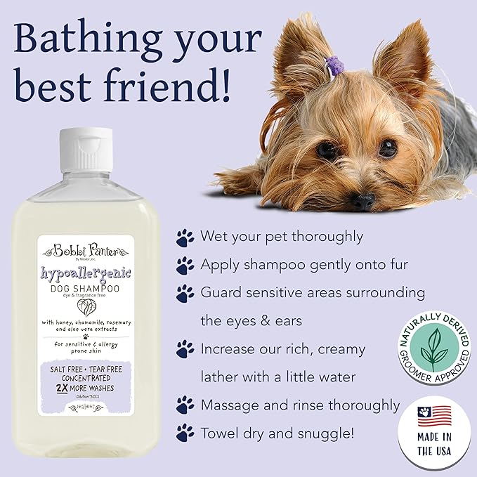 Bobbi Panter Hypoallergenic Dog Shampoo Honey, Aloe Vera, Chamomile & Rosemary – Dye & Fragrance Free Natural Formula for Sensitive & Allergy Skin, Tear-Free, 30:1 Concentrate, Made in USA, 14 oz
