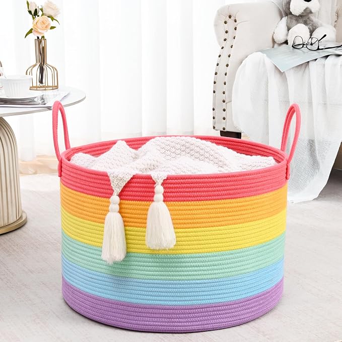 67L Large Rainbow Blanket Basket, Cotton Rope Baby Laundry Hamper with Handles, Kids Toy Basket for Classroom & Nursery, Soft Round Stuffed Animal Storage, Dog Toy Bin - 20"x13", Rainbow