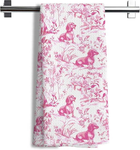 Pink Chinoiserie Golden Retriever Kitchen Towels, Pink Floral Golden Retriever Decorative Dish Tea Towels, Grandmillennial Botanical Dog Hand Towels for Kitchen Bathroom, 16x24 Inch