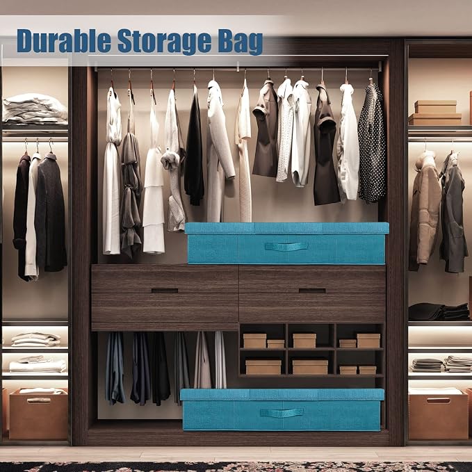 Supowin 2Pack Large Underbed Storage Containers Bin with Lids, Cyan Blue | 6 Inches Tall Under Bed Storage Organizer Box with Handles, Foldable Closet Organizer for Clothes, Blankets, Seasonal Items