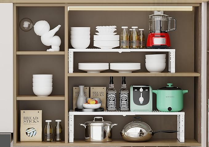 Jojocross Expandable Adjustable Stackable Kitchen Organizer, Spice Rack,Metal Pantry Storage Shelves Racks,Counter Shelf for Cabinets, Countertop, Cupboard (1 Pack/Large/White)