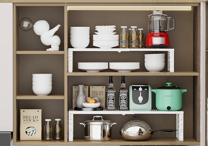 Jojocross Expandable Adjustable Stackable Kitchen Organizer, Spice Rack,Metal Pantry Storage Shelves Racks,Counter Shelf for Cabinets, Countertop, Cupboard(1 Pack/Medium/White)