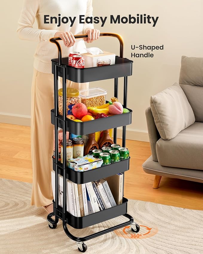 Pipishell Metal 4 Tier Rolling Cart with Handle & 2 Lockable Wheels, Black | Four Large 2" Wheels for Easy Motion, Sturdy Metal, Hold 22 lbs per Shelf, Ideal for Nursery Room, Living Room, Painting Room