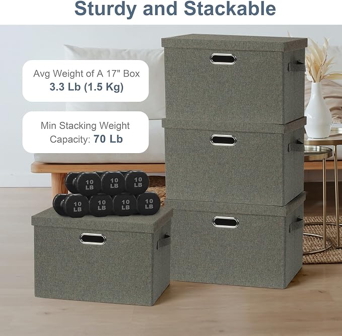 Storage Bins with Lids Fabric Closet Organizers Cubes Office Organization | 36 Quart 3 Pack Dark Green Collapsible Stackable Linen Fabric 4 Handles Bedroom Closet Cabinet Under Bed Clothes Toy Office
