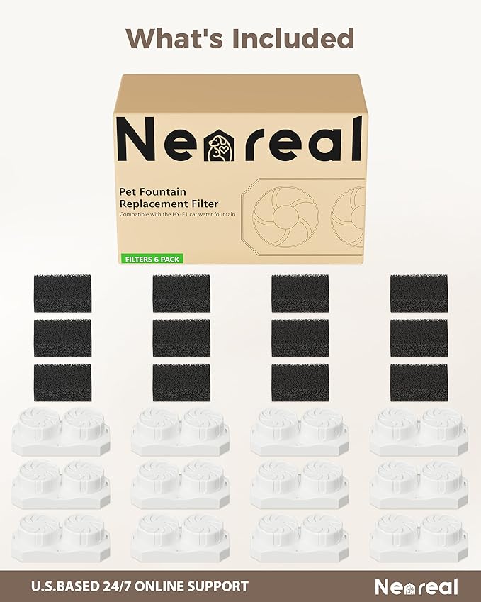 Neareal Cat Water Fountain Replacement Filters & Pre-Filter Sponges Compatible with 74oz/2.2L Stainless Steel Pet Fountain (12 Filters & 12 Sponges)