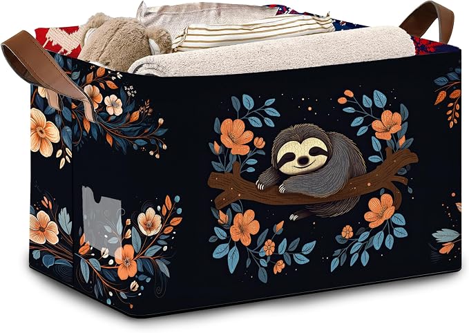 Sloth Flower Pattern Collapsible Box - 17x11.5x10.5 Inch Foldable Storage for Home Decor, Kids Room,Nursery, Closet - Space-Saving Single Pack