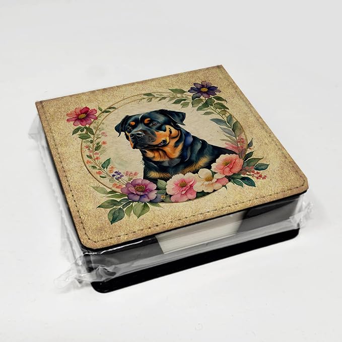 Caroline's Treasures Rottweiler and Flowers PU Leather Note Paper Holder with Artist-Designed Cover, Desk Accessory, Office Gift