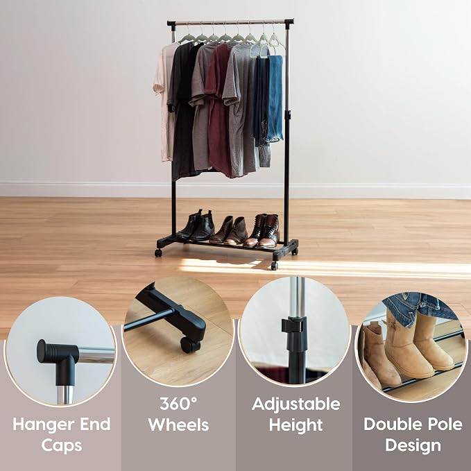 IRIS USA Single Rod Rolling Clothes Rack, Height Adjustable, Black | Adjustable hanging space for garments, accessories, and storage needs with smooth mobility